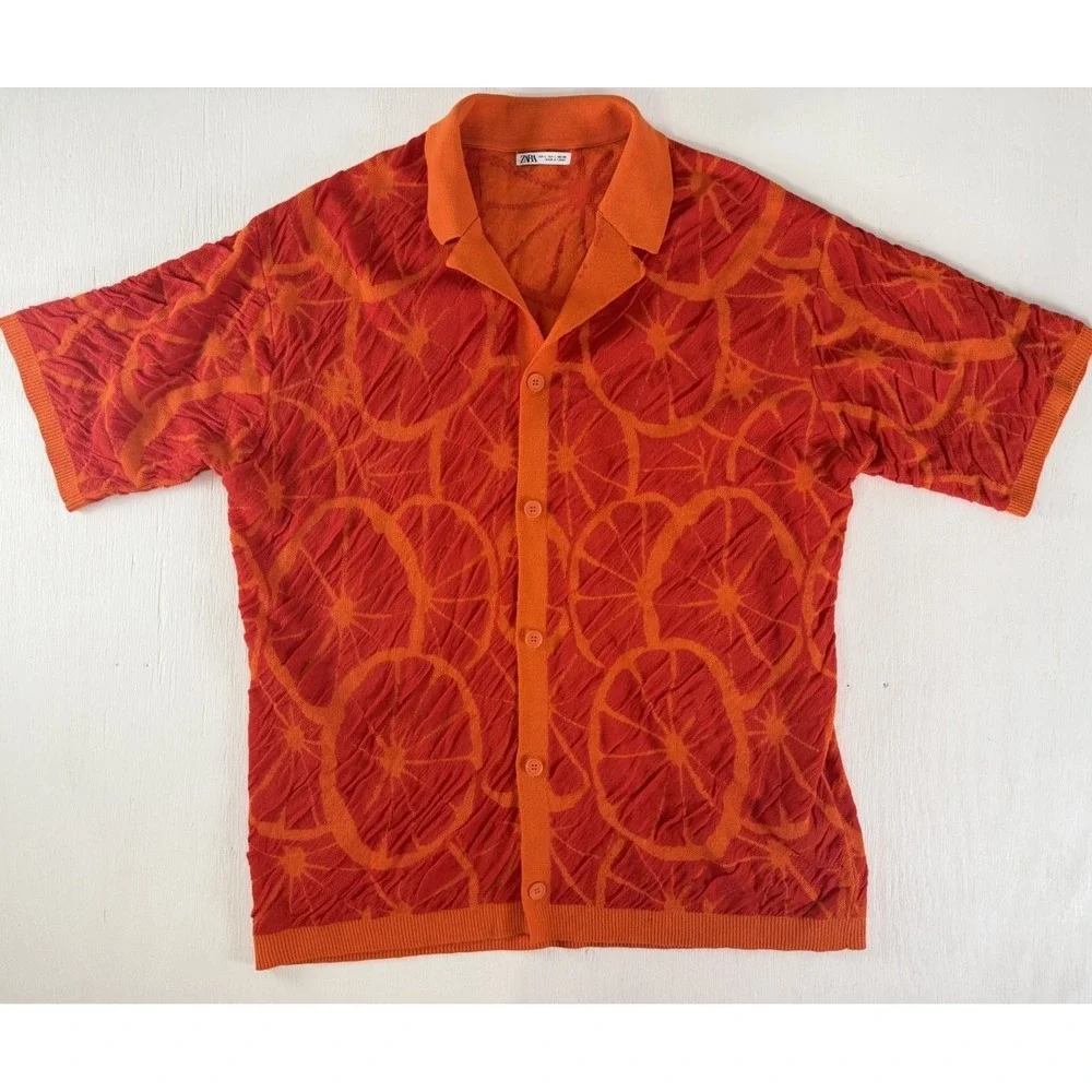 Zara Men's‎ Texture Knit Orange Floral Button Sweater Top Size L Short Sleeve
